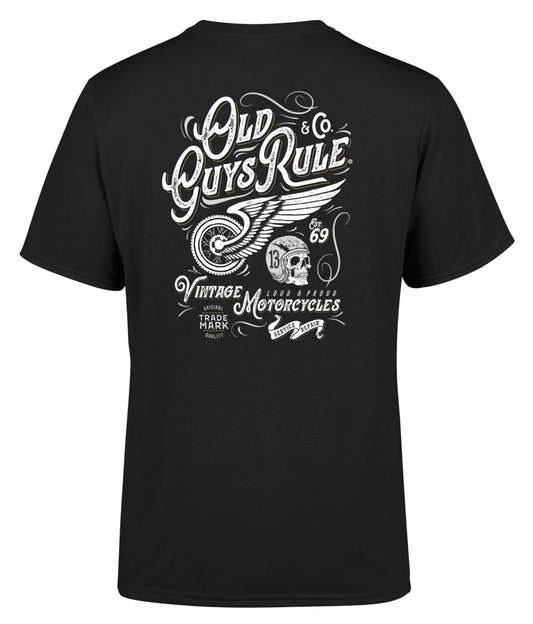 Old Guys Rule mens t-shirt black featuring a vintage motorcycle design on the back