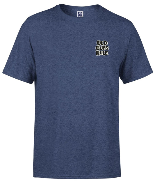 Old Guys Rule mens t-shirt dogs in navy blue featuring a front logo