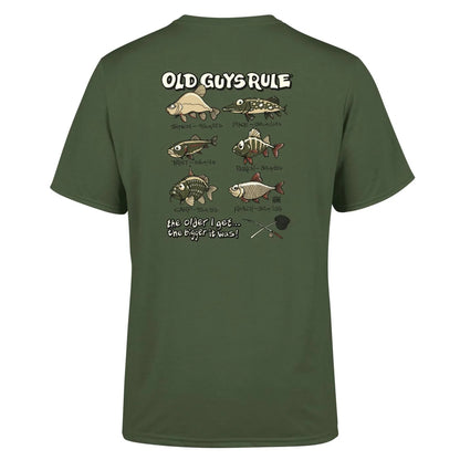 Old Guys Rule mens t-shirt fish design with various fish illustrations on green short sleeve shirt