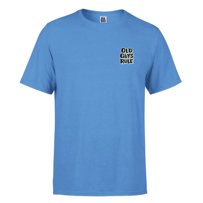 Old Guys Rule mens t-shirt dogs in light blue with a bold print on the front
