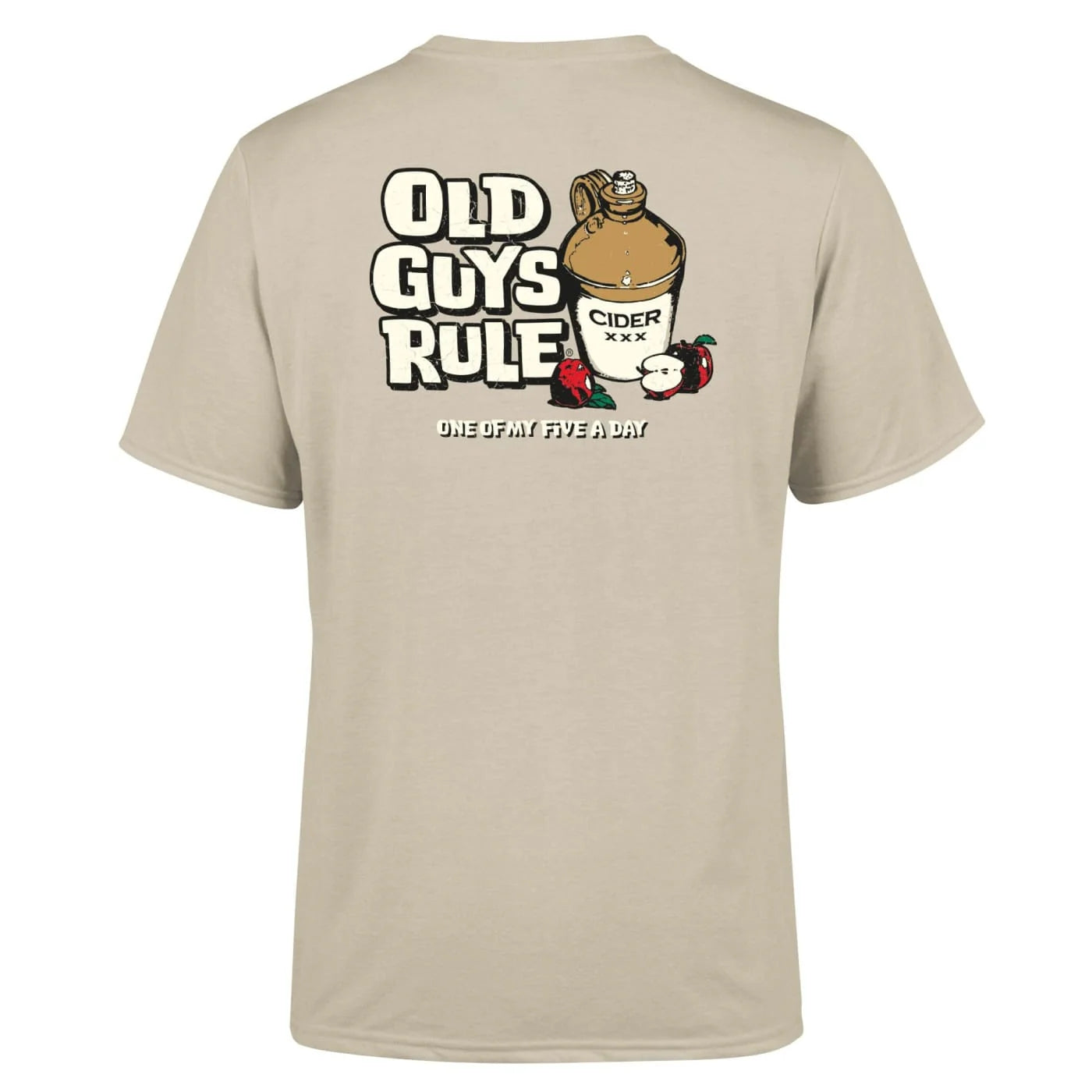 Old Guys Rule t-shirt five a day beige tee with cider jug and apple graphic on back