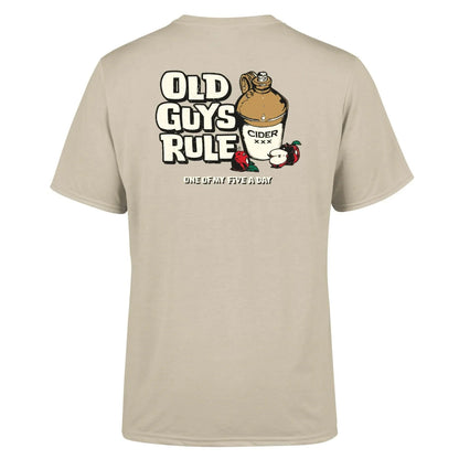 Old Guys Rule t-shirt five a day beige tee with cider jug and apple graphic on back