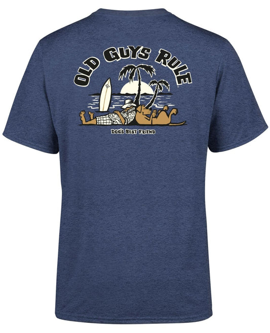Old Guys Rule men's short sleeve t-shirt in Heather Navy with their Dogs Best Friend II print on the back.