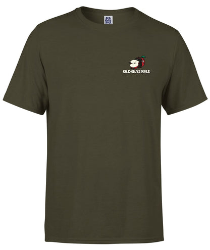 Men's Old Guys Rule short sleeve Five a Day III cider themed printed t-shirt in Olive Green. 