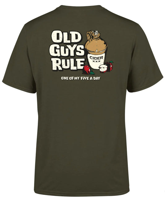 Old Guys Rule men's short sleeve Five a Day III cider themed printed tee in Olive Green. 