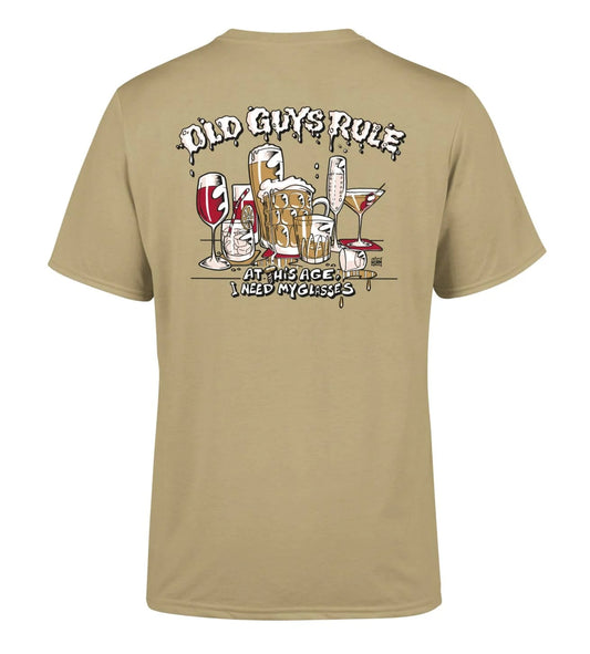 Old Guys Rule Mens Need My Glasses Printed T-Shirt - Tan