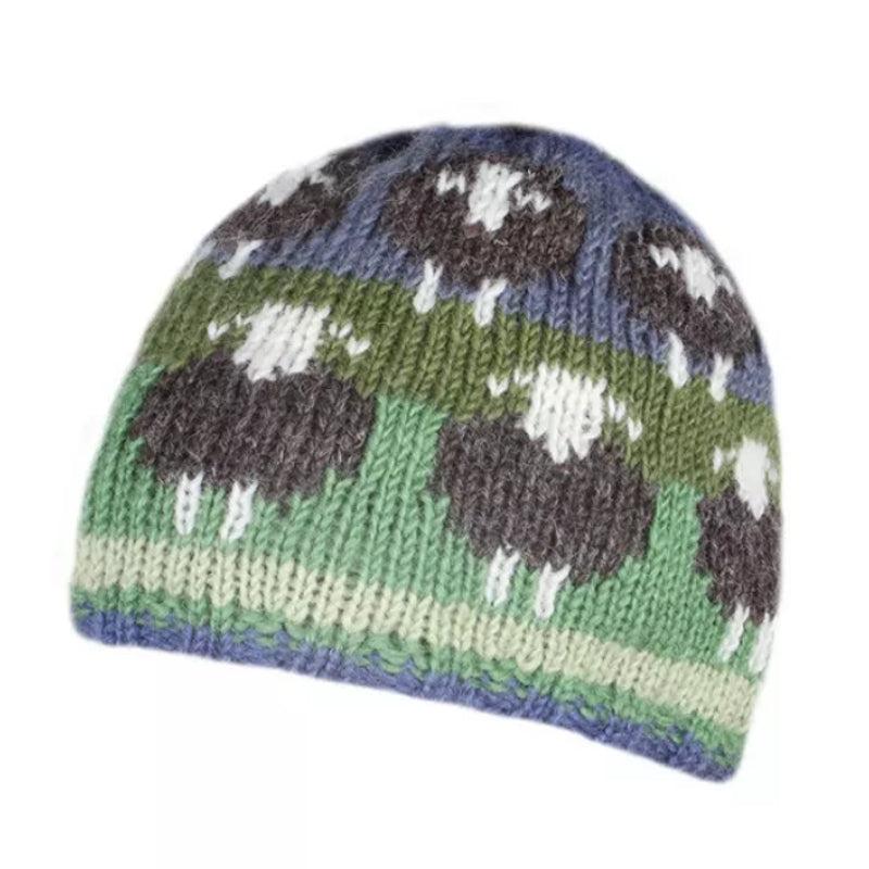 Knitted Pachamama hat with a sheep pattern on a white background
