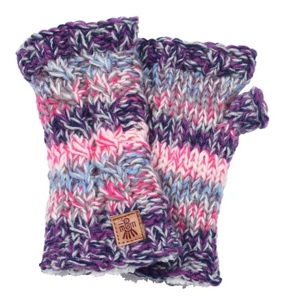 Pachamama knitted Utrecht wrist warmers in pink and purple with a sherpa lining.