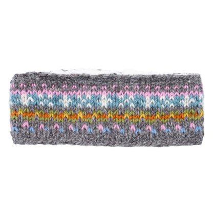 Knitted Pachamama Braemar headband with multicolour Fair Isle pattern on a white background