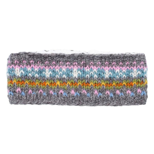 Knitted Pachamama Braemar headband with multicolour Fair Isle pattern on a white background