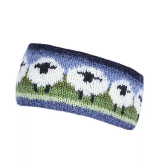 Knitted headband with sheep pattern on a white background