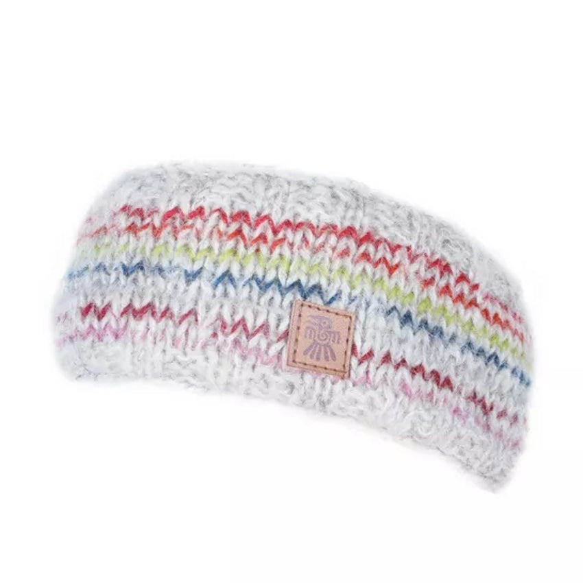 Knitted headband with colourful stripes and a Pachamama logo on a white background