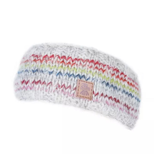 Knitted headband with colourful stripes and a Pachamama logo on a white background