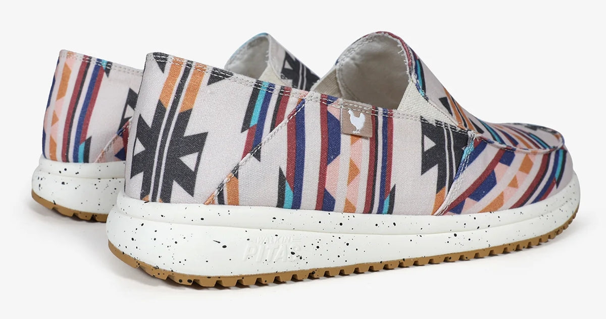 Men's slip on Mundaka cotton canvas shoes from Pitas in a multicoloured Aztec style print.