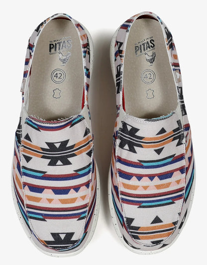 Men's lightweight Mundaka canvas slip on shoes in a multicoloured Aztec style print from Pitas.