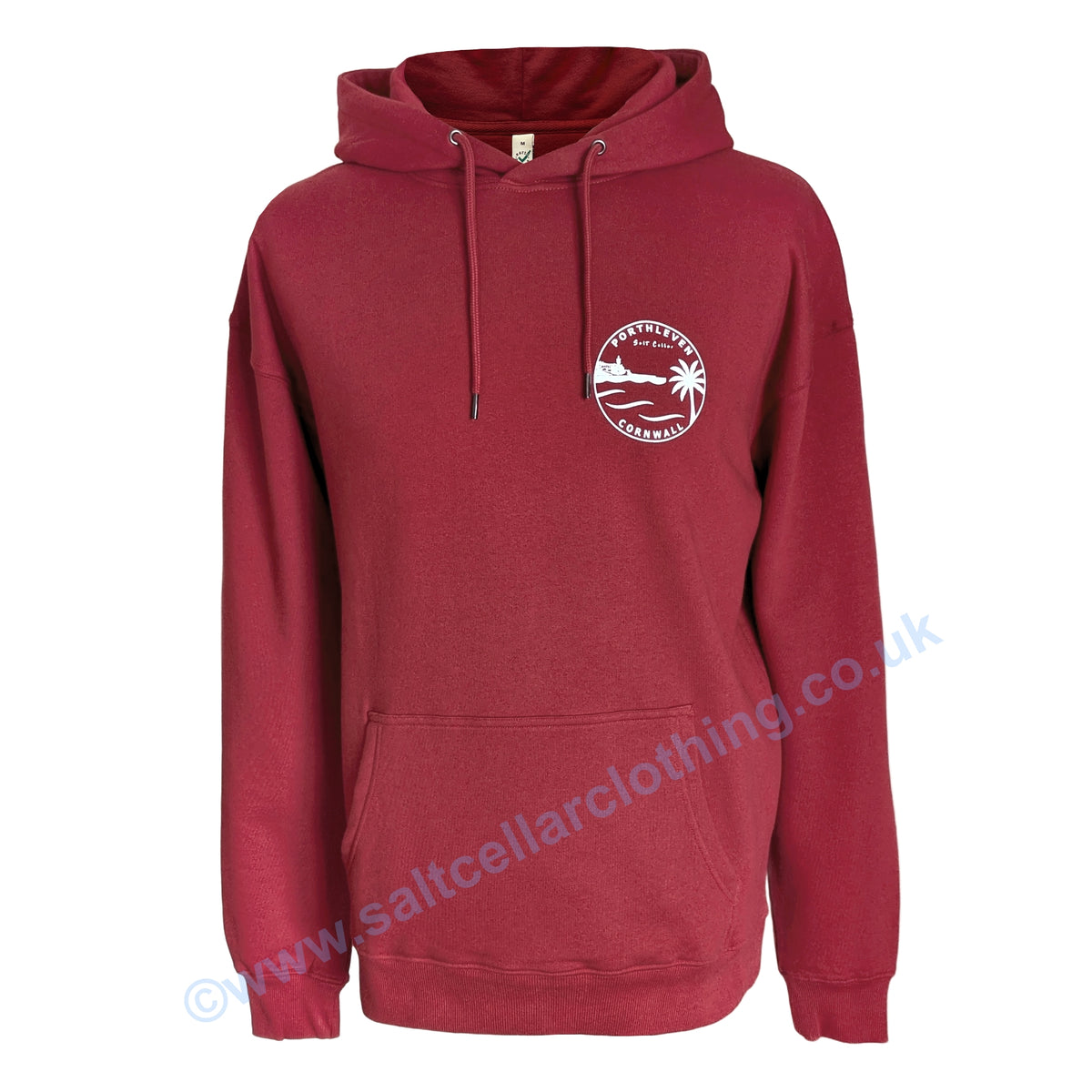 A unisex red popover hoodie shown from the front, featuring a small white circular graphic with the text 'PORTHLEVEN' 'Salt Cellar' and 'CORNWALL' with the Porthleven harbour and clocktower, waves and a palm tree illustration.
