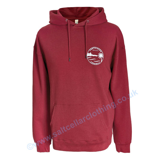 A unisex red popover hoodie shown from the front, featuring a small white circular graphic with the text 'PORTHLEVEN' 'Salt Cellar' and 'CORNWALL' with the Porthleven harbour and clocktower, waves and a palm tree illustration.