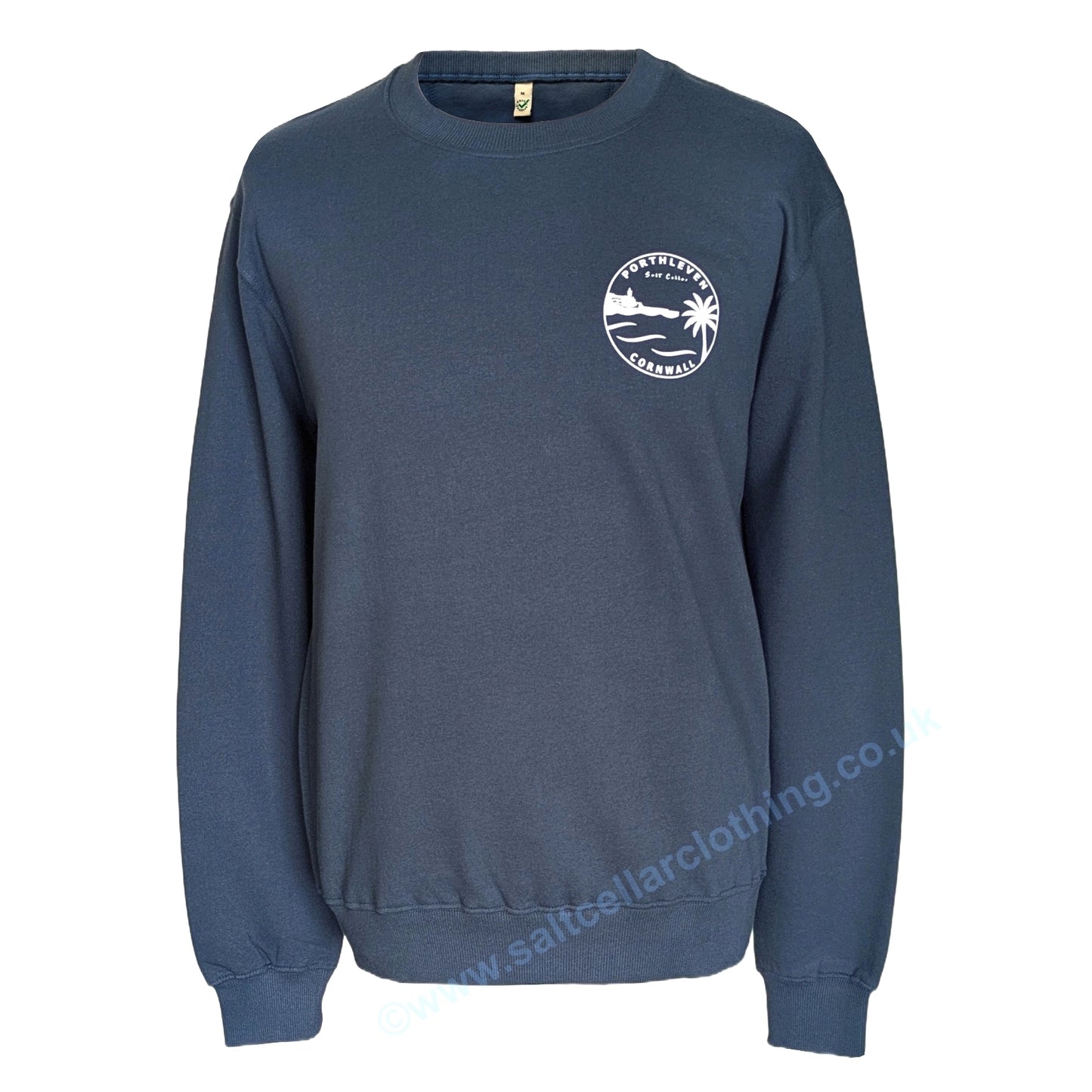 A Petrol blue unisex crewneck sweatshirt shown from the front, featuring a small white circular graphic print that reads 'PORTHLEVEN Salt Cellar CORNWALL' with a harbourside clocktower, palm tree, and waves.