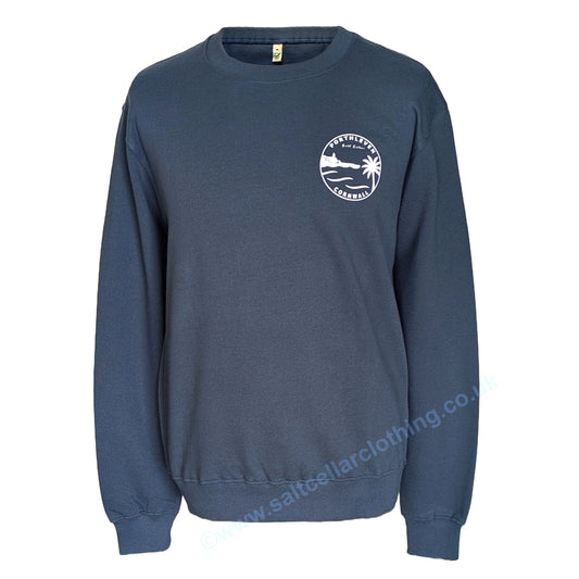 A Petrol blue unisex crewneck sweatshirt shown from the front, featuring a small white circular graphic print that reads 'PORTHLEVEN Salt Cellar CORNWALL' with a harbourside clocktower, palm tree, and waves.