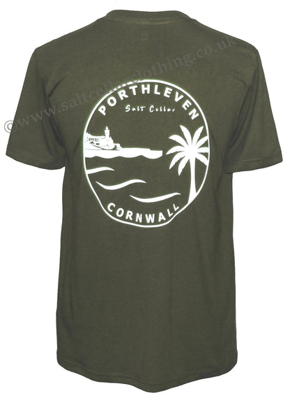 Olive green Porthleven print shirt men featuring a coastal design with palm tree and sea motifs