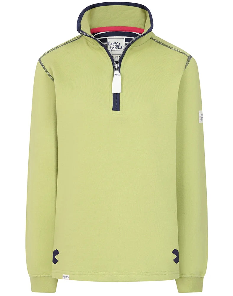 Lazy Jacks Porthleven print sweatshirt in light green with half-zip and navy accents