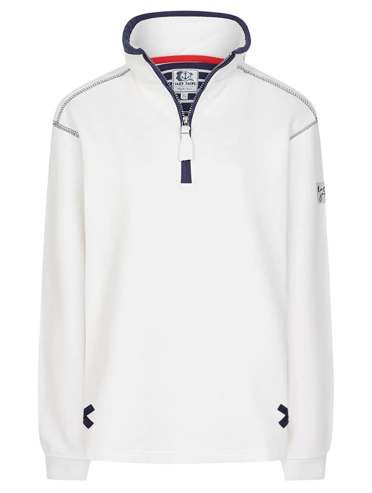Lazy Jacks Porthleven print sweatshirt in white with half zipper and navy accents for a stylish look