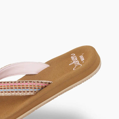 Close-up view of womens Reef Baja Elana flip flops in Brown/Pink with multicoloured stripe woven strap, tan brown sole with printed logo on the footbed.