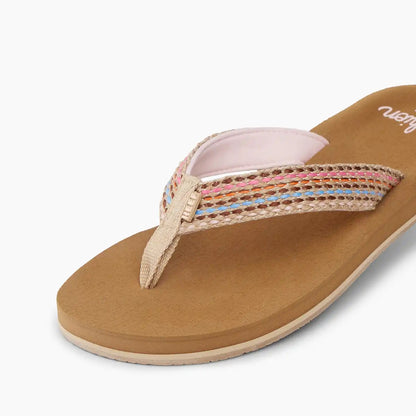 Close-up view of womens Reef Baja Elana flip flops in Brown/Pink with multicoloured stripe woven strap, tan brown sole with small logo sewn on the strap.