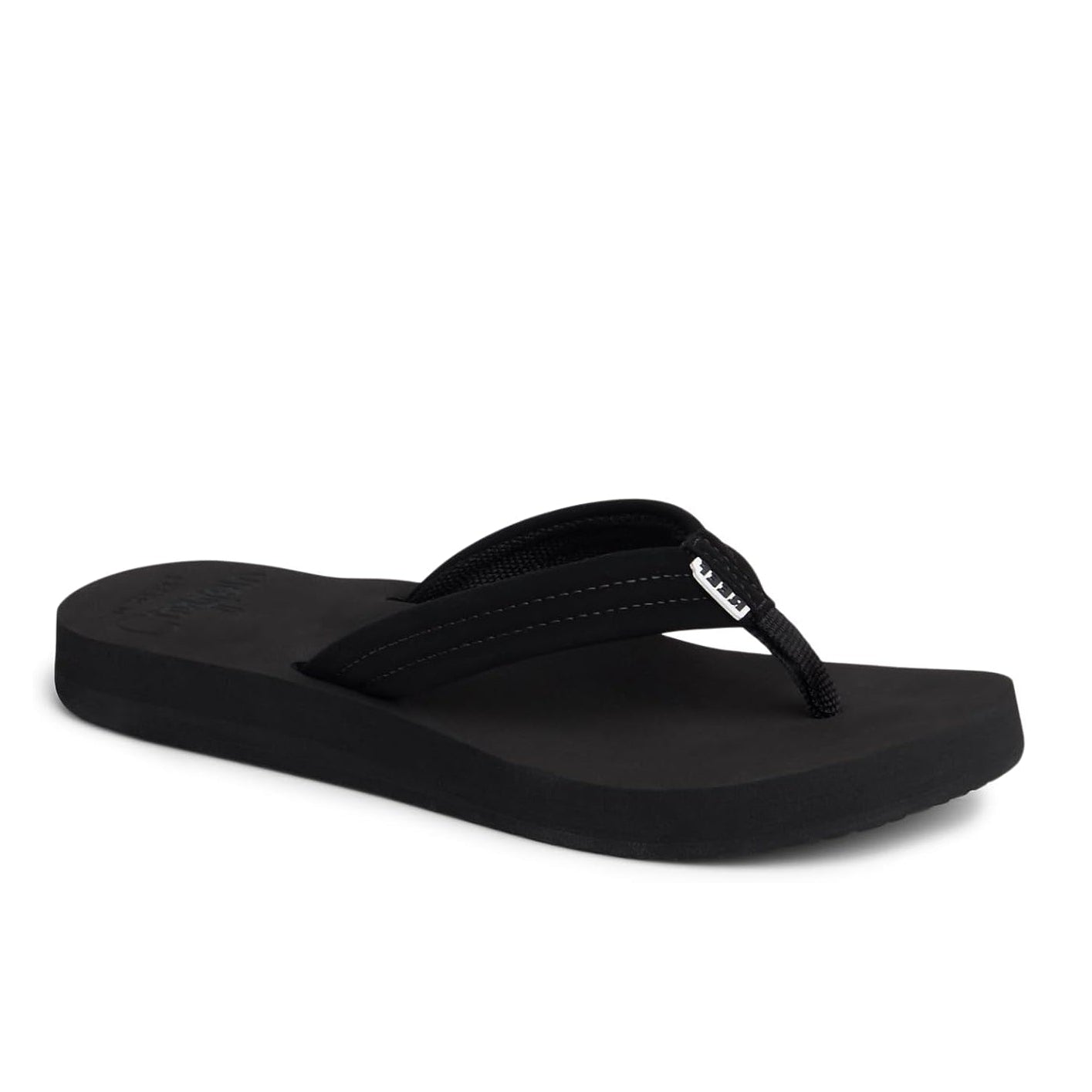 Main view of a womens Reef Cushion Breeze flip flop sandal in plain black