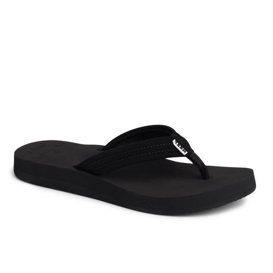 Main view of a womens Reef Cushion Breeze flip flop sandal in plain black