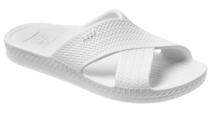 Front view of Reef womens Slide Sandals White with cushioned sole and textured crossover straps