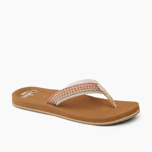 Main front view of womens Reef Baja Elana flip flops in Brown/Pink with multicoloured stripe woven strap and a tan brown sole.