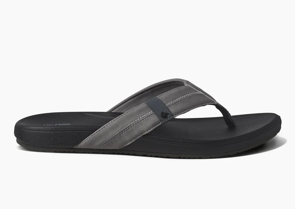 Reef mens cushion flip flops in gray with comfortable footbed and textured outsole for support