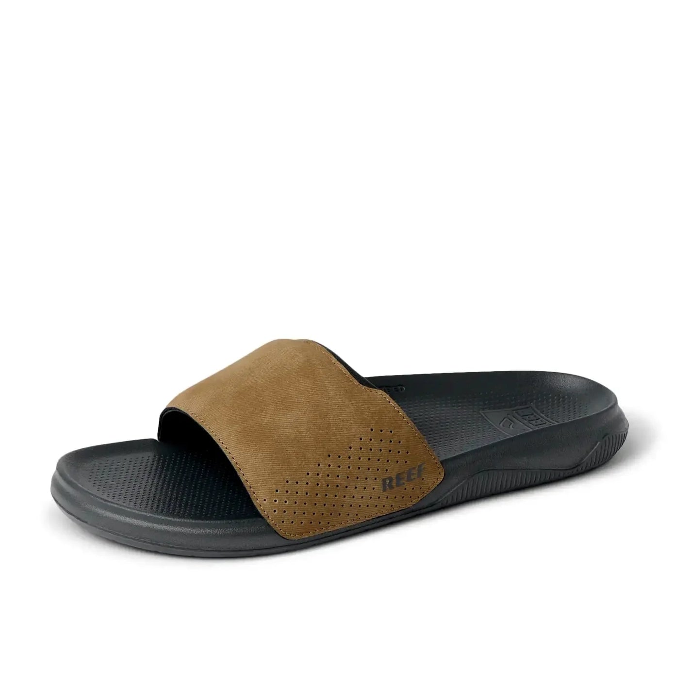 Side view of a mens Reef Tailslide slider sandal in grey with a tan brown padded strap and molded sole