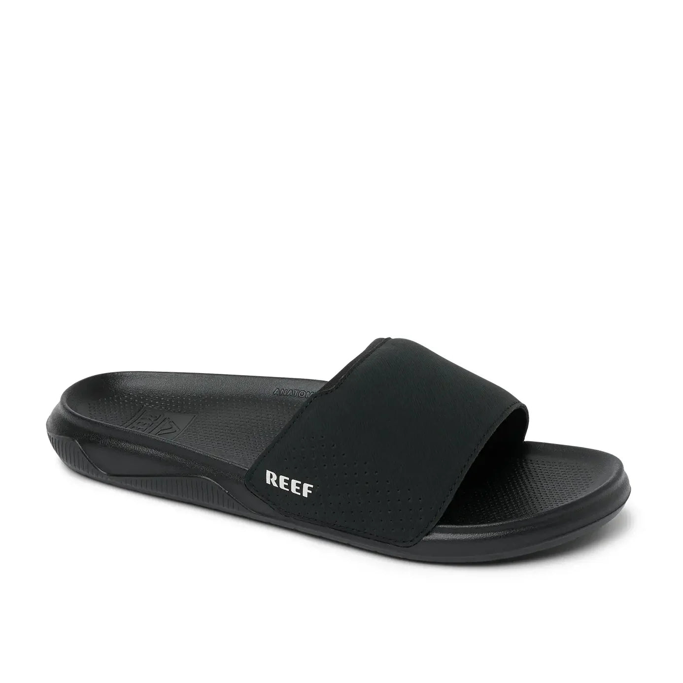 Main front view of a mens Reef Tailslide slider sandal in black with a padded strap.