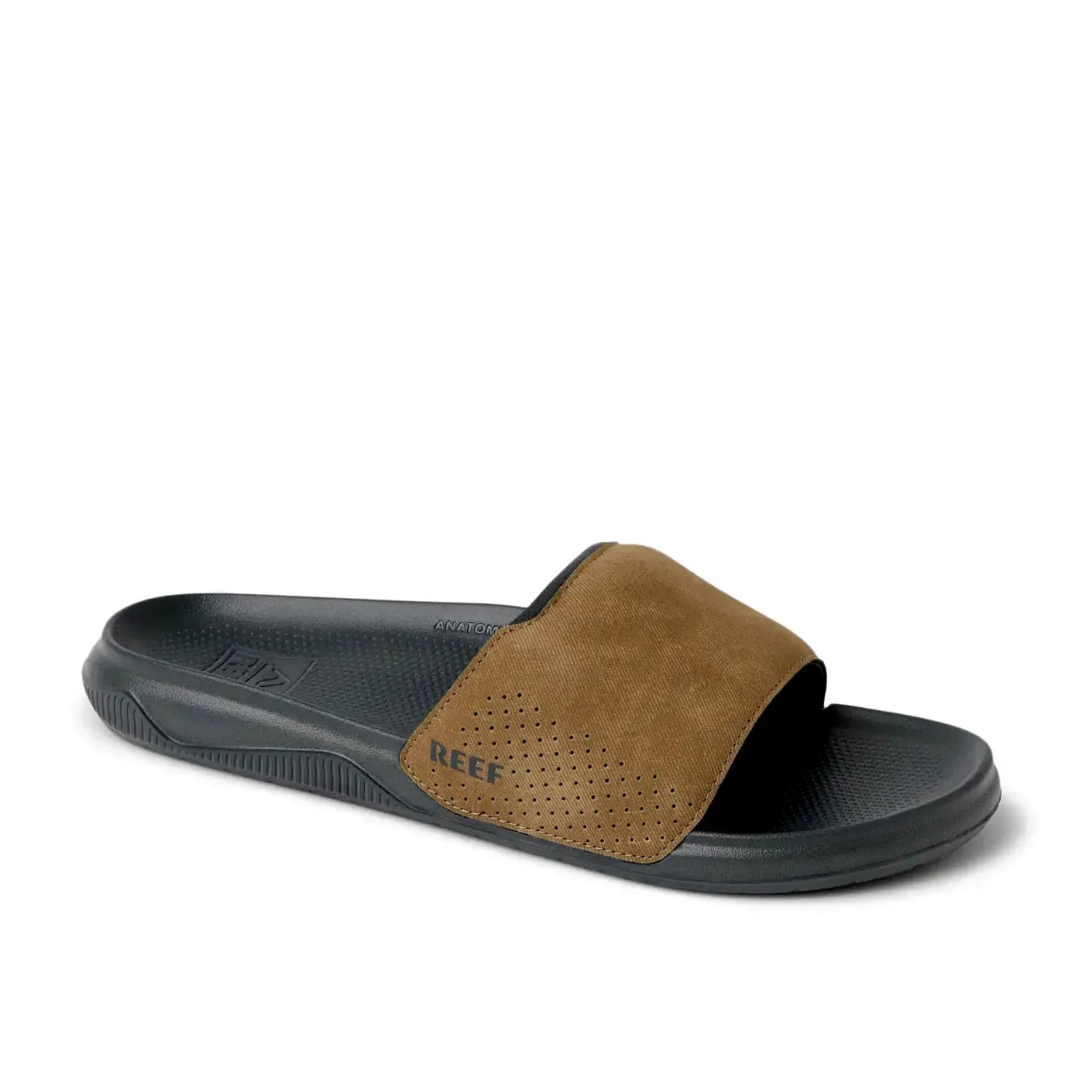 Main front view of a mens Reef Tailslide slider sandal in grey with a tan brown padded strap.