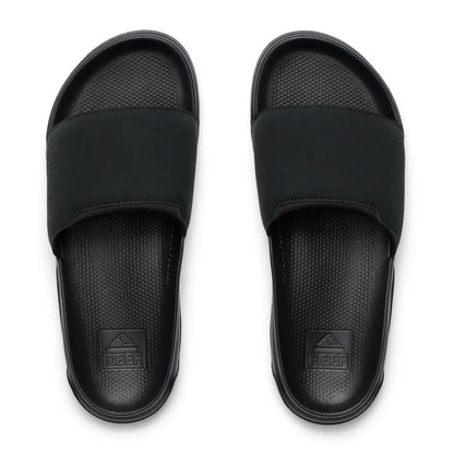 Top view of a pair of mens Reef Tailslide slider sandals in black with padded straps.