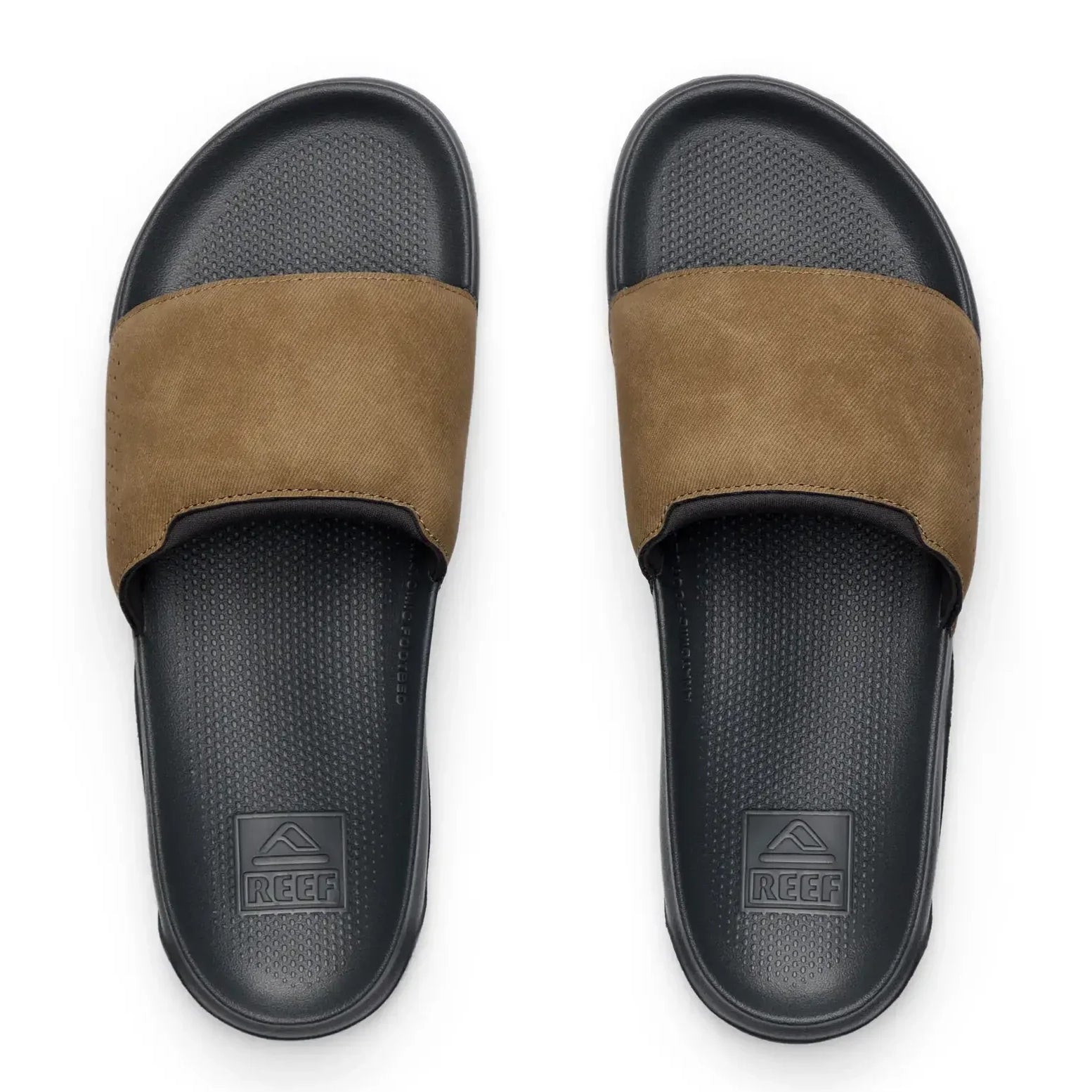 Top view of a pair of mens Reef Tailslide slider sandals in grey with tan brown padded straps.