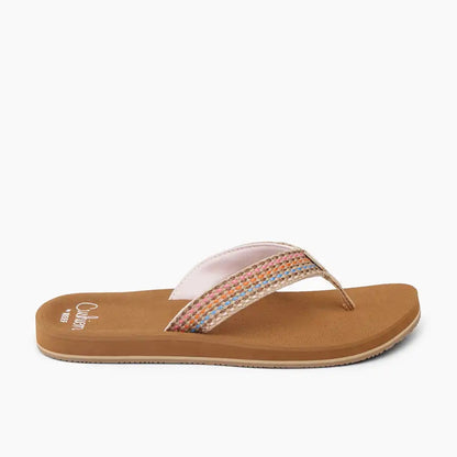 Side view of womens Reef Baja Elana flip flops in Brown/Pink with multicoloured stripe woven strap and a tan brown sole.