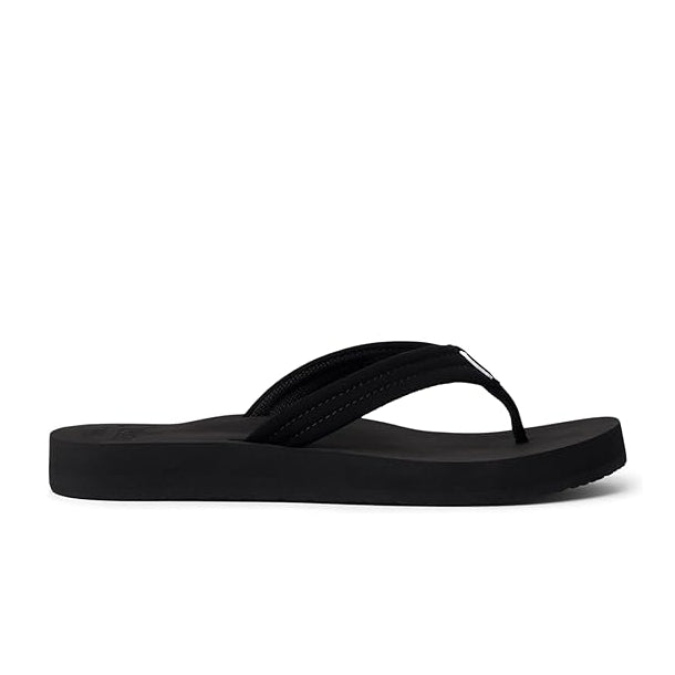 Side view of a womens Reef Cushion Breeze flip flop in plain black