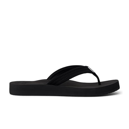 Side view of a womens Reef Cushion Breeze flip flop in plain black