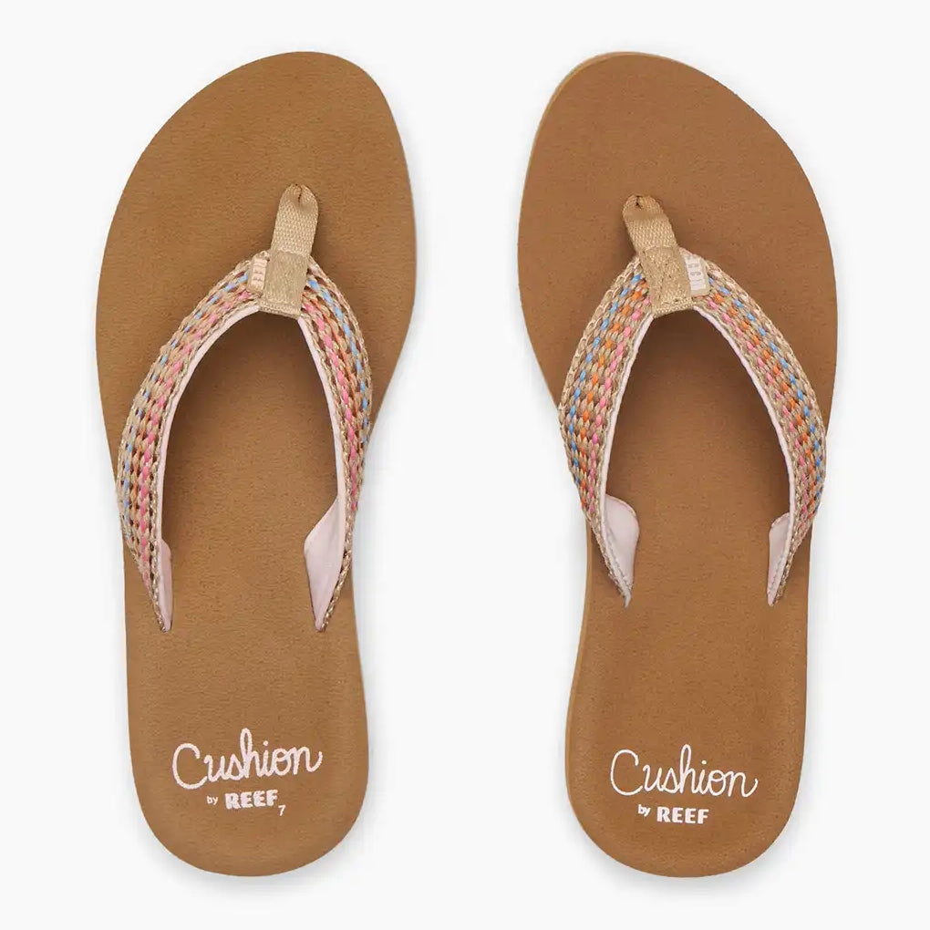 Top view of a pair of womens Reef Baja Elana flip flops in Brown/Pink with multicoloured stripe woven strap and a tan brown sole.