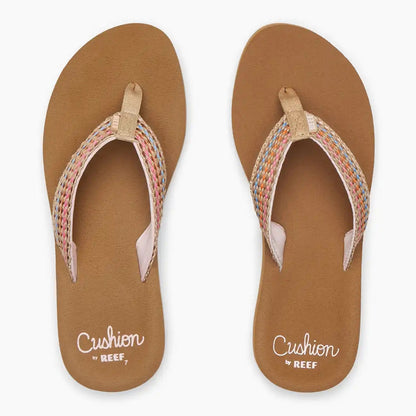Top view of a pair of womens Reef Baja Elana flip flops in Brown/Pink with multicoloured stripe woven strap and a tan brown sole.