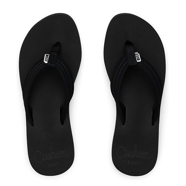 Top view of a pair of womens Reef Cushion Breeze flip flops in plain black