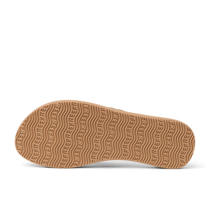 Bottom sole view of womens Reef Baja Sands flip flops in black/tan with Reef logo and wave pattern outsole grips