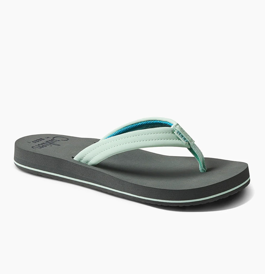 Reef womens Cushion Breeze flip flops with gray sole and light blue padded straps