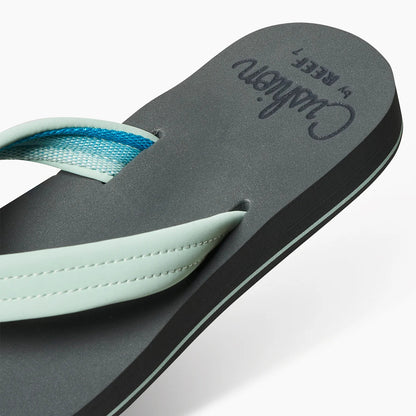 Reef womens Cushion Breeze flip flops with cushioned sole and light blue straps