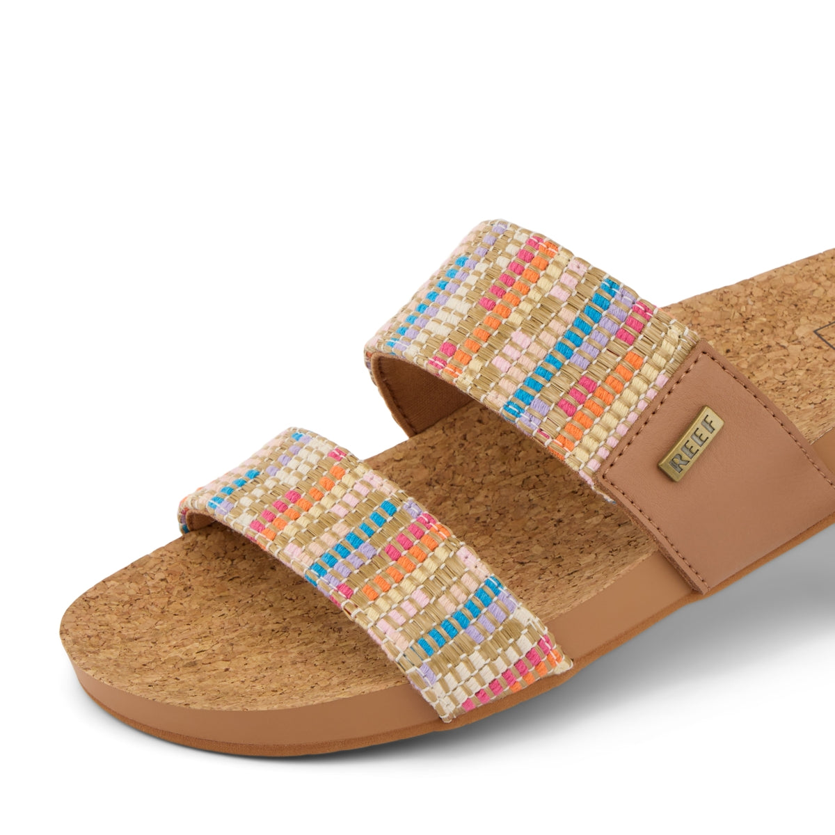 Reef womens cushion sandals with cork footbed and colorful woven straps for comfort and style