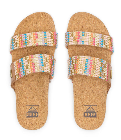 Reef womens cushion sandals with colorful woven straps and cork footbed for comfort
