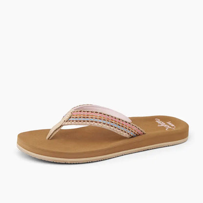 Front view of womens Reef Baja Elana flip flops in Brown/Pink with multicoloured stripe woven strap and a tan brown sole.